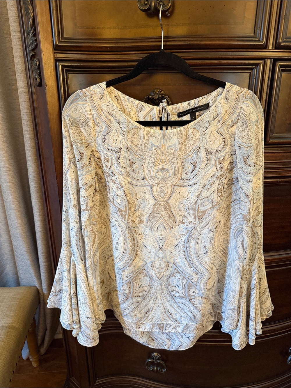 White House Black Market Cream Paisley Bell-Sleeve Blouse